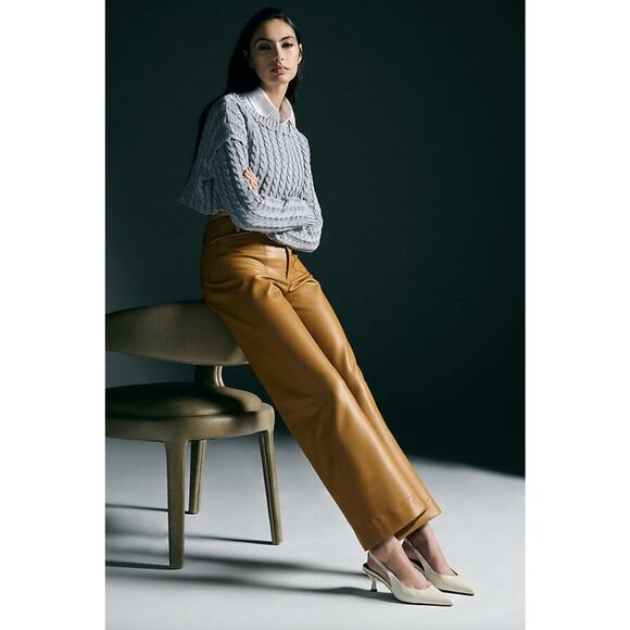 MAEVE By ANTHROPOLOGIE Colette Cropped Wide Leg Faux Leather Pants Brown Size 31 - Picture 2 of 16